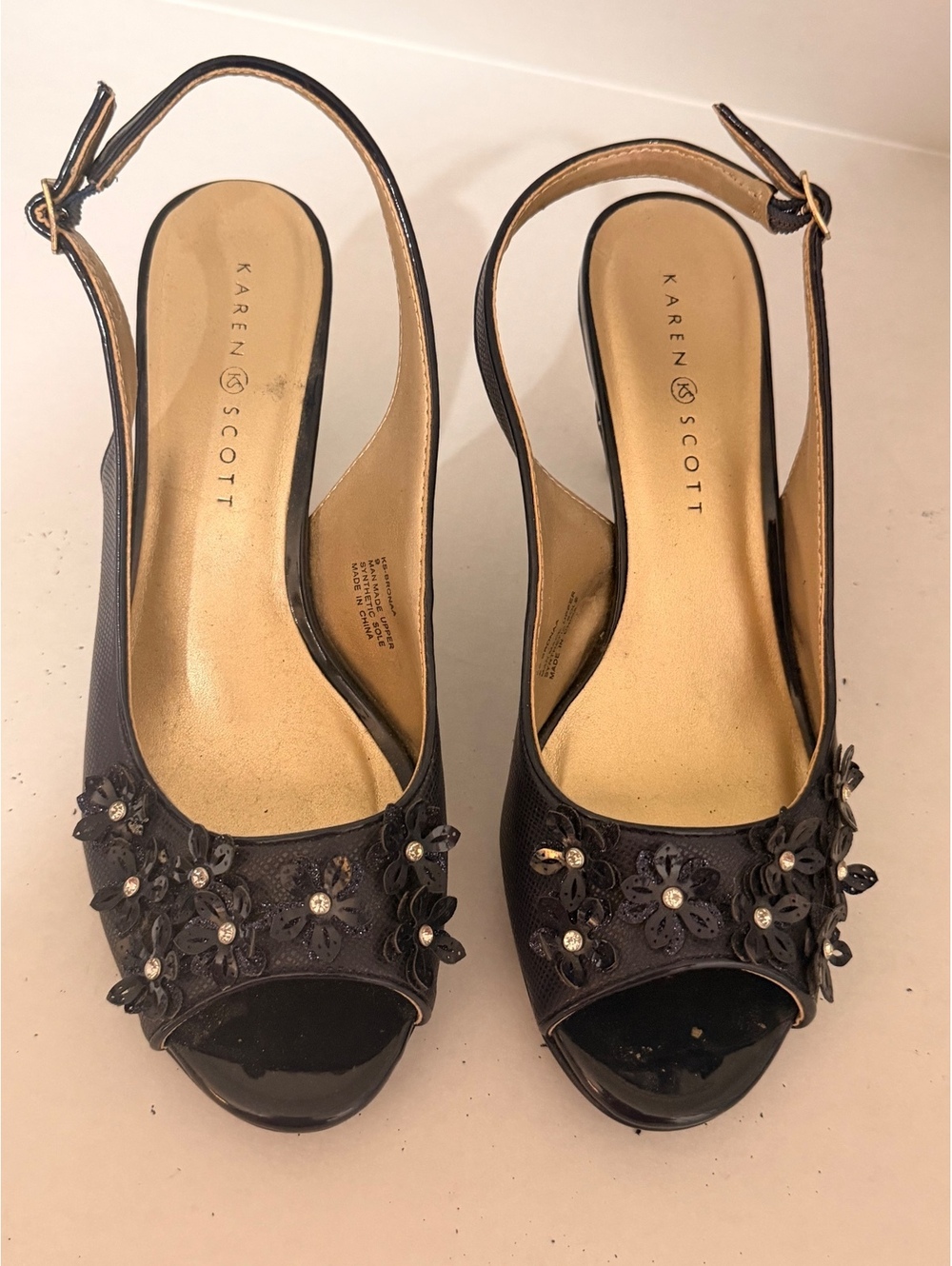 Karen Scott Black Floral Rhinestone Peep Toe Slingback Heels Women’s Size 9